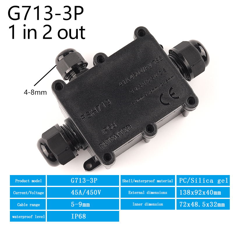 IP68 2/3/4/5/6Way Outdoor Cable Junction Box With Terminal For Electrical Wiring Accessories45A/450V Black Waterproof Enclosure: G713-3P