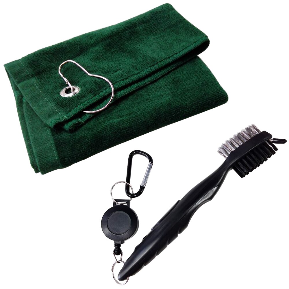 Golf Club Reinigingsborstel En Katoenen Handdoek Golfclubs Hoofd Groove Cleaner Set: Green Towel w Brush