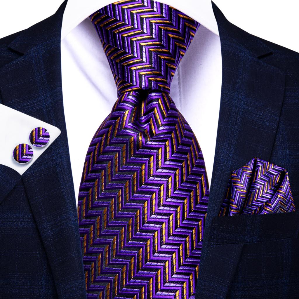 Hi-Tie Heren Stropdas Set Zijden Stropdas met Pochette Manchetknopen Set Gestreepte Stropdas voor Bruiloft Zakelijk, M