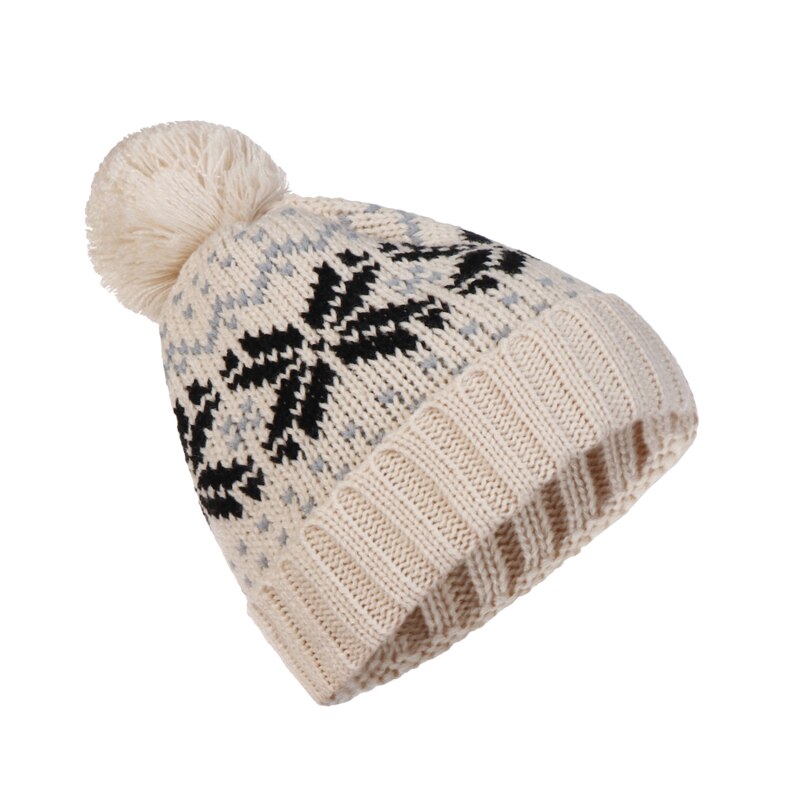 Gorro con pompón de copo de nieve para hombre y mujer, gorro grueso de punto cálido de invierno coreano, de San Valentín, novedad: beige