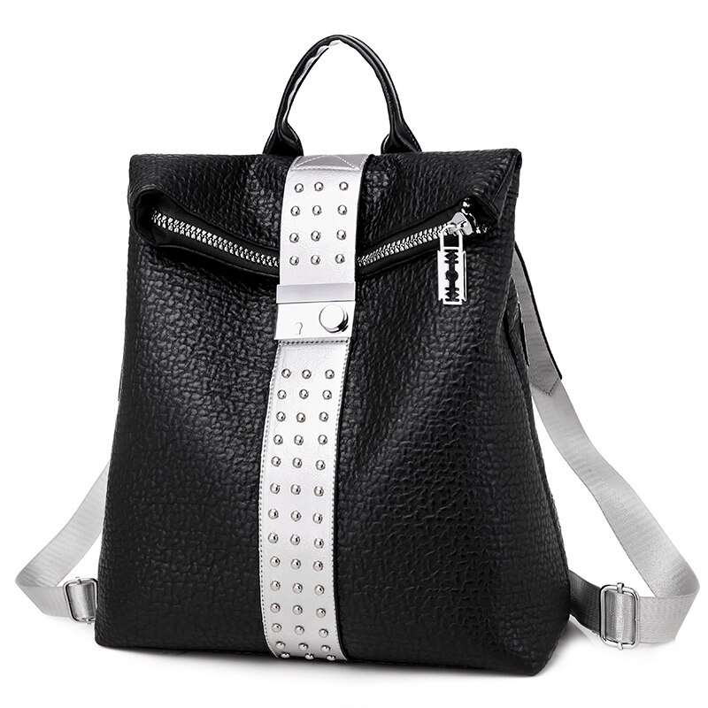 Vrouwelijke Rugzak Rugzak Schooltas Pu Leer Vrouwen Rugzak Klinknagel Schoudertas Dames Multifunctionele Tas: Silver