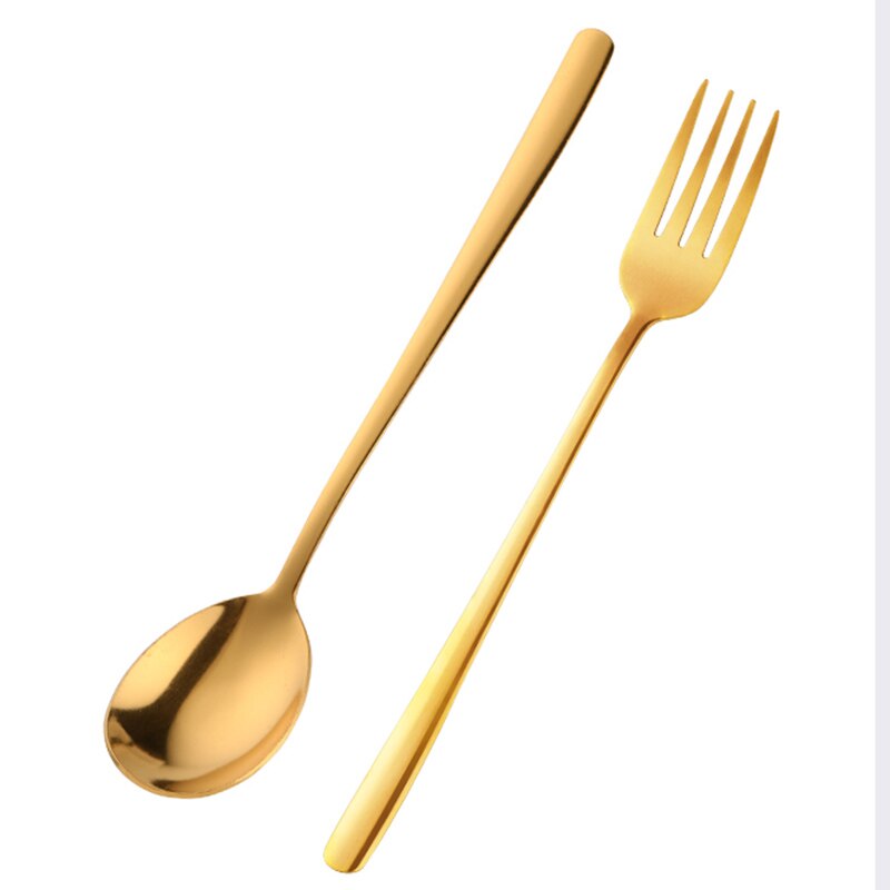 2 uds juego de tenedor cuchara cubiertos de acero inoxidable vajilla de postre de colores utensilios de cena de mango largo tenedores de ensalada cucharas de sopa vajilla casera: Gold-1set