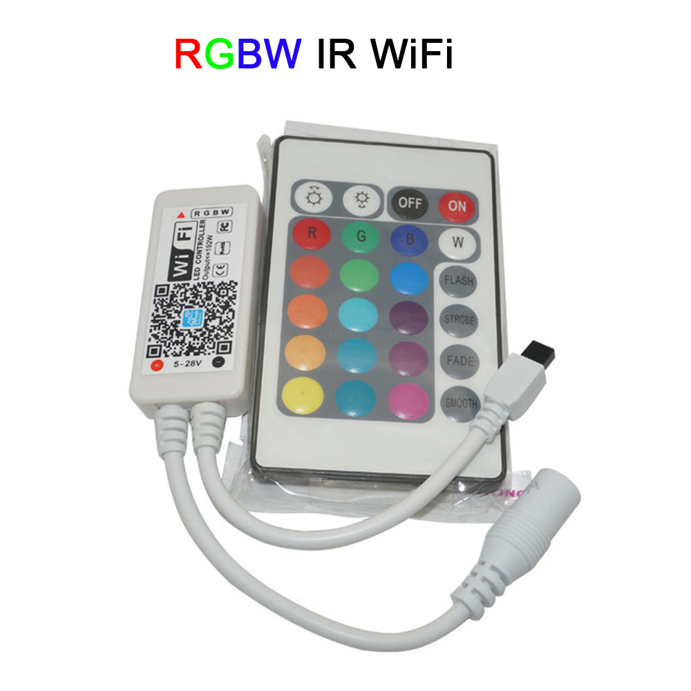 Wifi led rgb/rgbw led strip controller  dc5v-28v 24 nøgler & rf fjernbetjening fra ios/android smartphone til  dc 5v 12v 24v led lampe tape: 24 nøgler rgbw