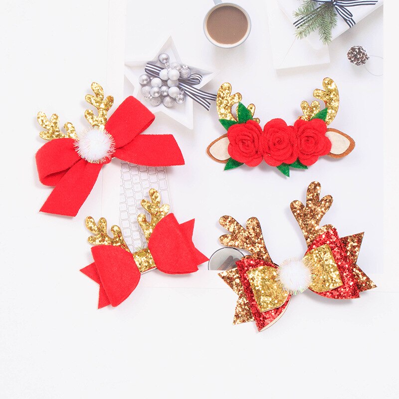 Girls Cute Elk Antlers Hair Clips Festival Style Sequins Hairpins Children Hair Accessories Christmas Red Bow Hair Pin