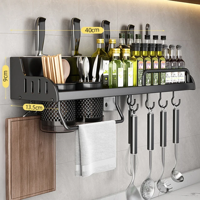 Estante de almacenamiento de cocina, soporte multifuncional para tabla de cortar, estante de pared para especias, estante para utensilios para cocina, soporte para condimentos, organizar: Negro