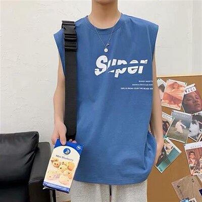 Shoulder Vest Male Tide Brand INS Hip Hop Personality Trend Clothes Summer Sleeveless T-shirt Loose Outside Vest: Champagne / M