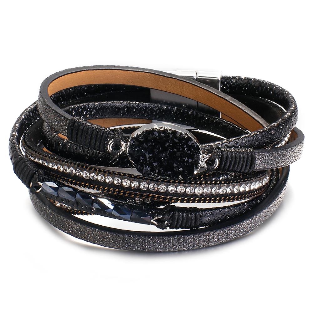 Allyes Lange Hars Lederen Armbanden Voor Vrouwen Boho Rhinestone Charm Magnetische Gesp Gevlochten Wrap Armband Sieraden: Black