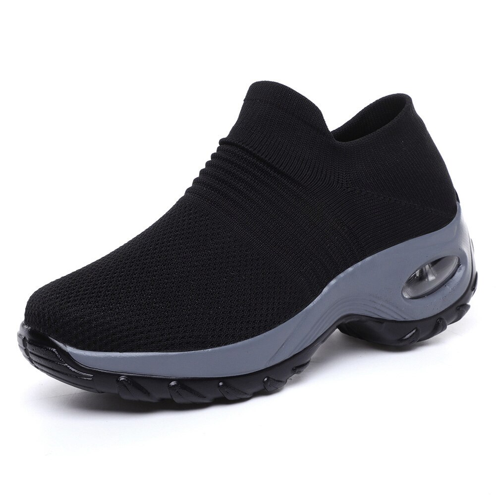 Women Slip On Mesh Walking Shoes Air Cushion Comfortable Platform Working Sneakers ALS88: Black / 42