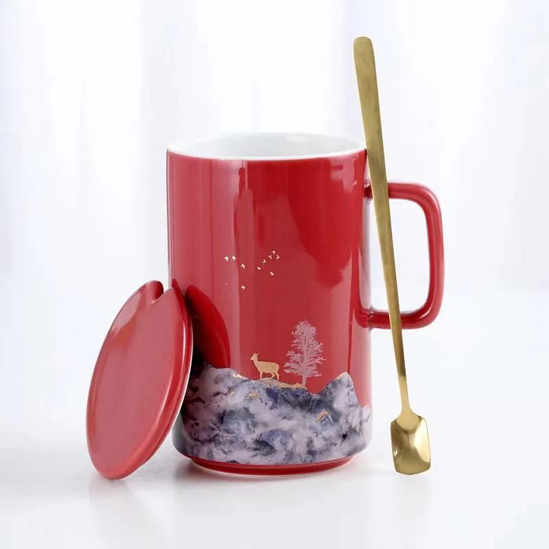 Luxury European Style Ceramic Cup Mug Coffee Cup Home Office with Cover and Spoon Couple Pair Cup Year