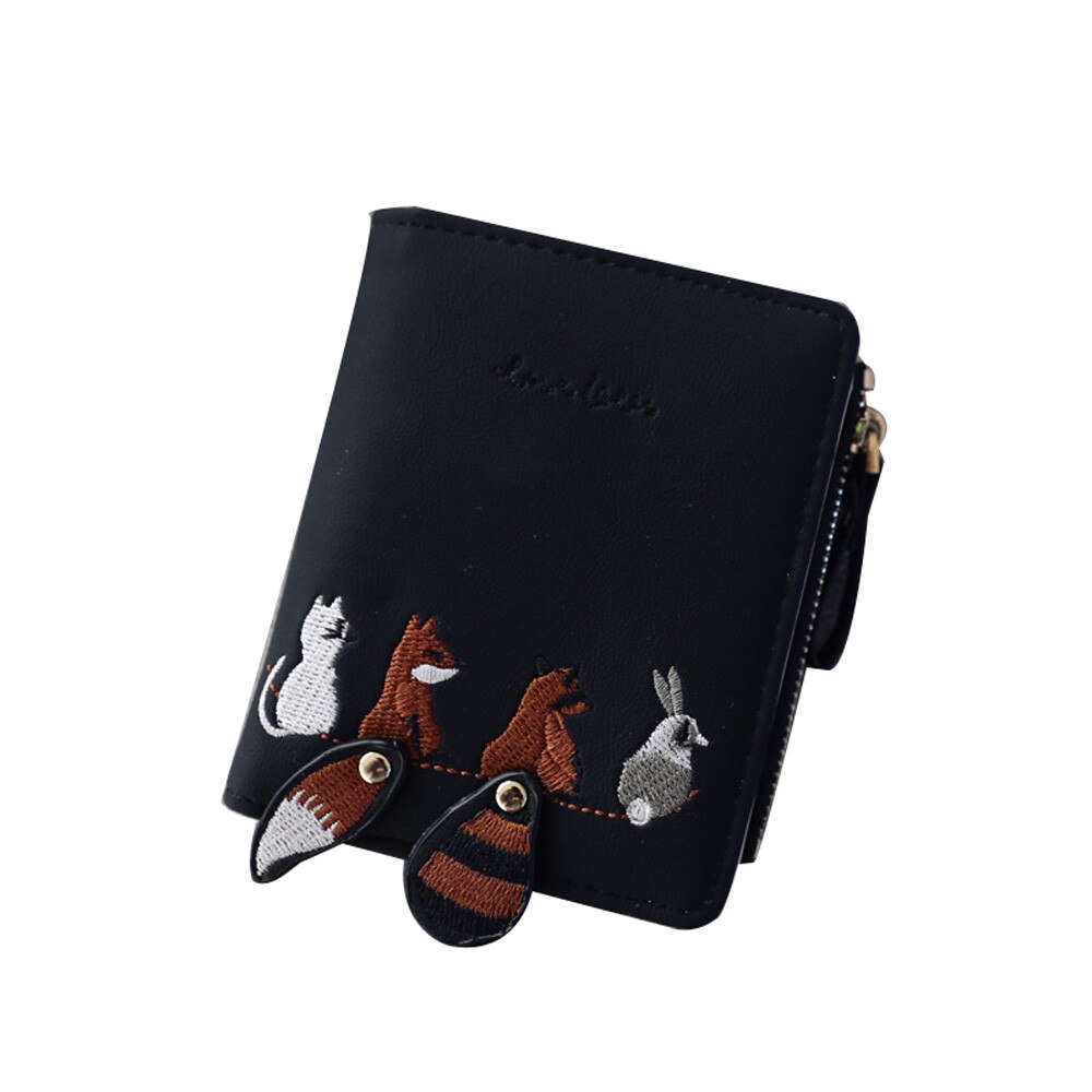 Xiniufashion dames portemonnee schattige cartoon dieren korte leren dames kleine portemonnee hasp rits kinderportemonnee kaarthouder  #3: Zwart
