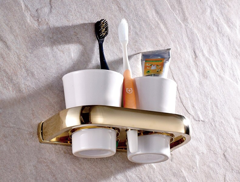 Luxe Goud Kleur Messing Moden Badkamer Accessoires Wandmontage Badkamer Hardware Sets Handdoek Bar LJ019: Double Cup Holder