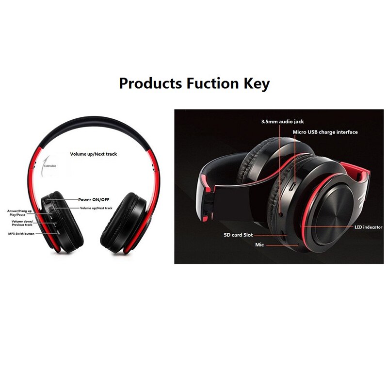 TOPROAD Headphones Bluetooth Headset Earphone Wireless Headphone Stereo Foldable Sport Earphone Microphone Hands Free MP3 Player