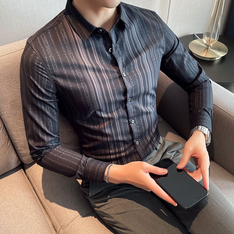 Spring Autumn Striped Printing Bottoming Shirt Men Korean Long Sleeve Vintage Business Casual Blouse Male Cardigans Top: 4XL / black