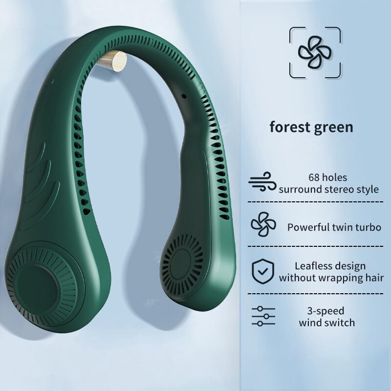 Mini ventilador de cuello portátil sin aspas, aire acondicionado recargable por USB, sin hojas, silencioso, para deportes al aire libre: green