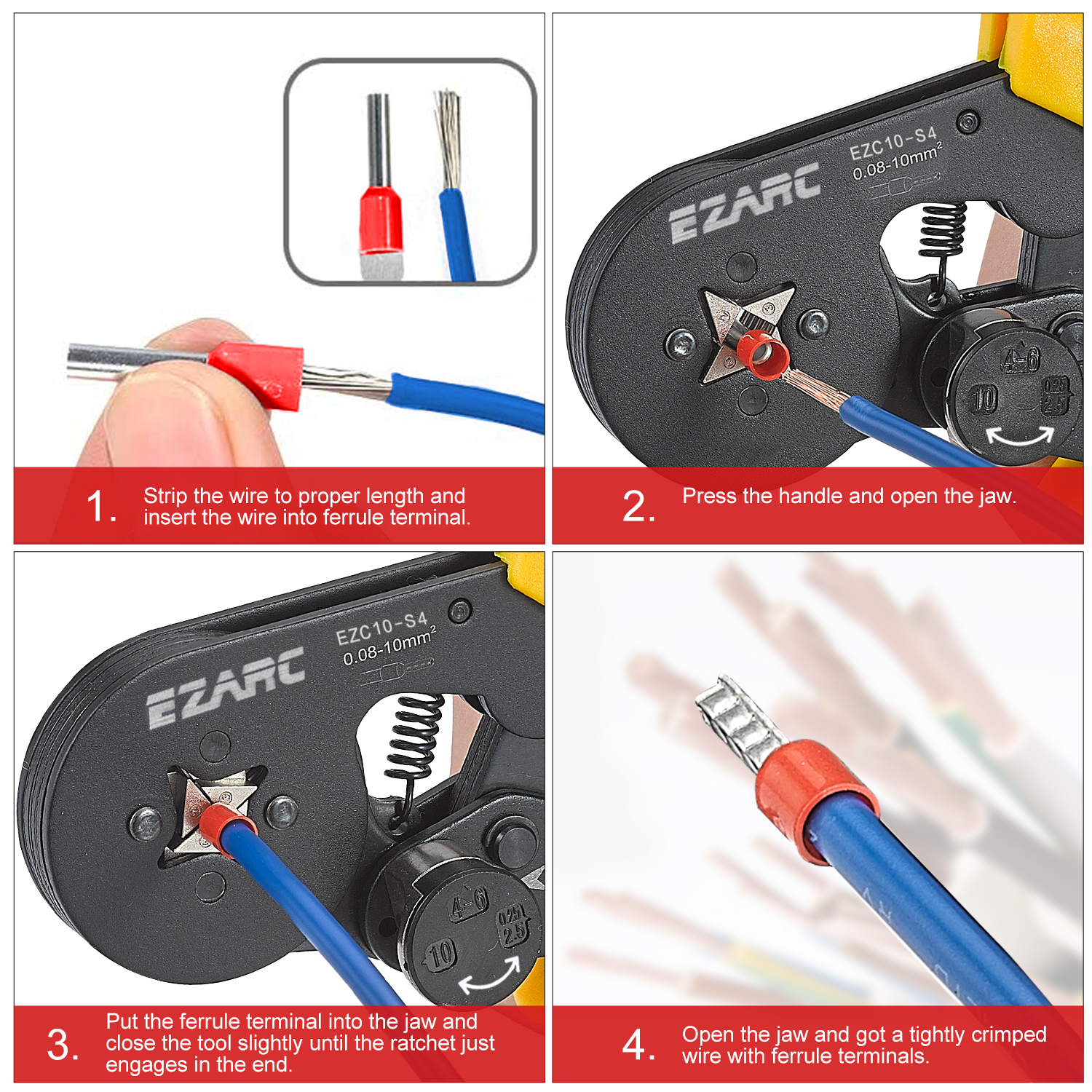 EZARC – outil de sertissage de virole precva AWG23-7, fil à cliquet auto-ajustable, 0.25 à 10 mm², pince à sertir, poignée ergonomique