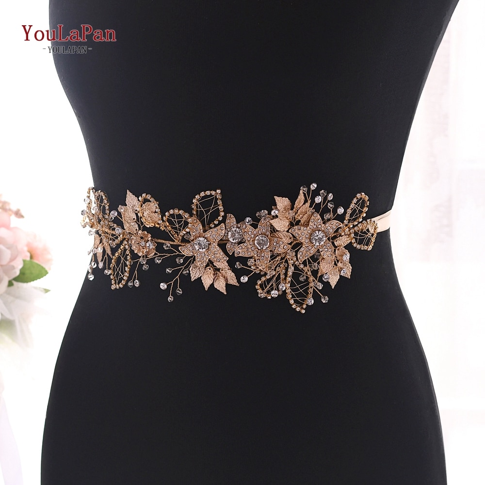 YouLaPan, cinturón Floral con diamantes de imitación, cinturón dorado para mujer, cinturón brillante, cinturones de boda para señora, cinturón nupcial con flores doradas SH282