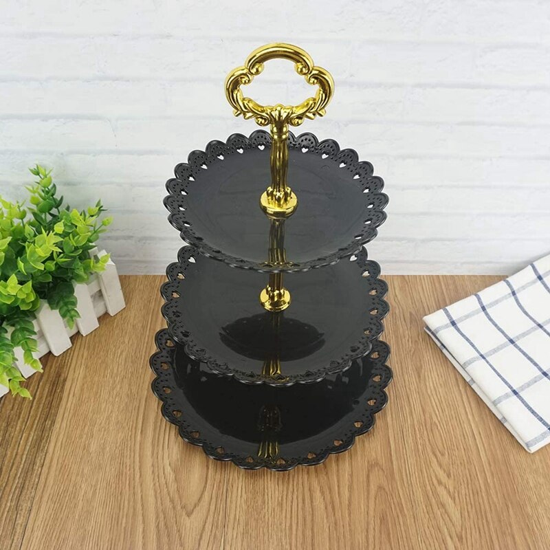 2 Pack, 3-Tier Plastic Cake Stand-Dessert Stand-Cupcake Stand-Tea Party Serving Platter Black Gold