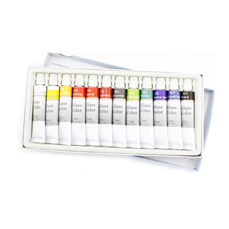 12ml 12 Color Glass Paint Acrylic Hand Painted Pigments Drawing Tubes Art Supply 77HA