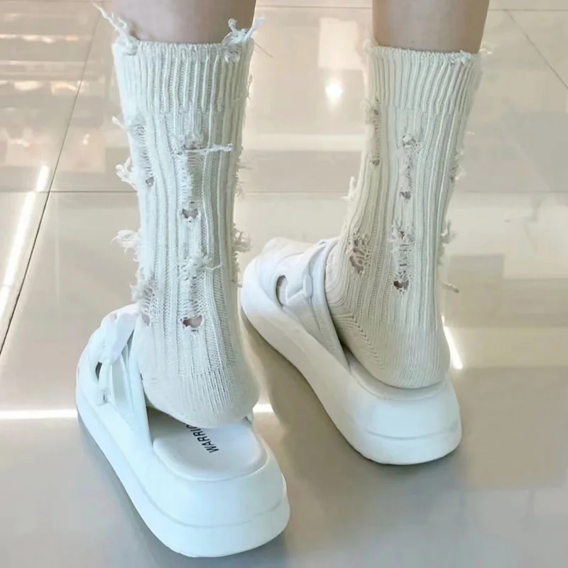 1/3pairs Women Ripped Socks Harajuku Trendy Street Broken Destroyed Socks Street Distressed Knit Footwear Beggar Socks