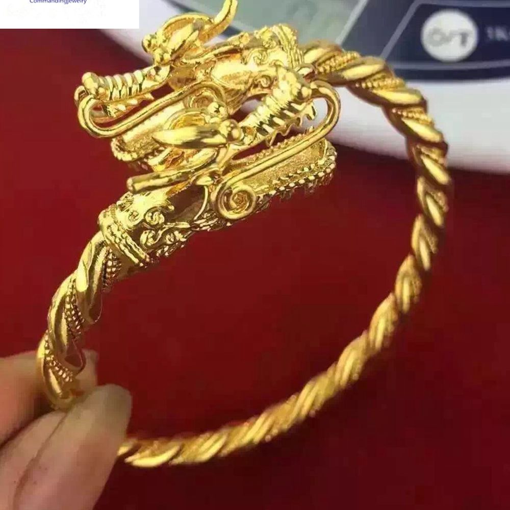 Mens Dragon Head Bangle Yellow Gold Filled Hip Hop Bracelet Bangle Adjustable