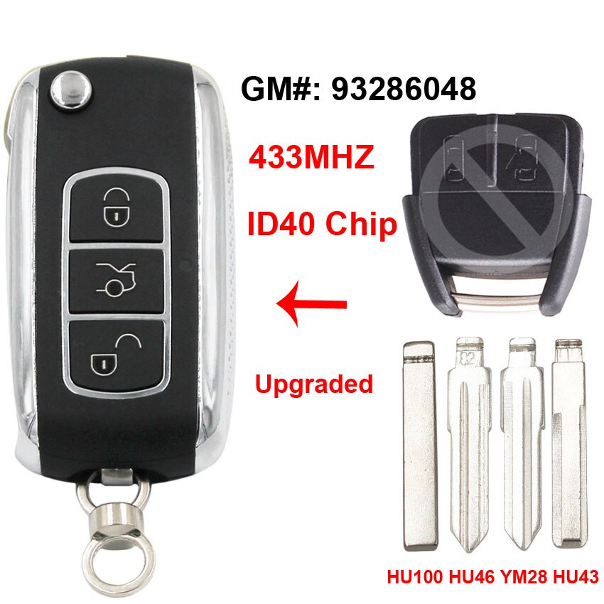 2 botón actualizado plegable, abatible remoto llave de coche 433MHz ID40 Chip P/N: 93286048 para Opel HU46 / HU100 / HU43 / YM28 hoja sin cortar