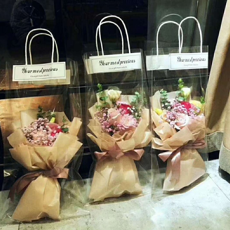 Flower Packing Tote Portable Transparent PVC Clear Florist Tote Bag Home Party Decoration Rose Flower Bouquet Packaging Bag