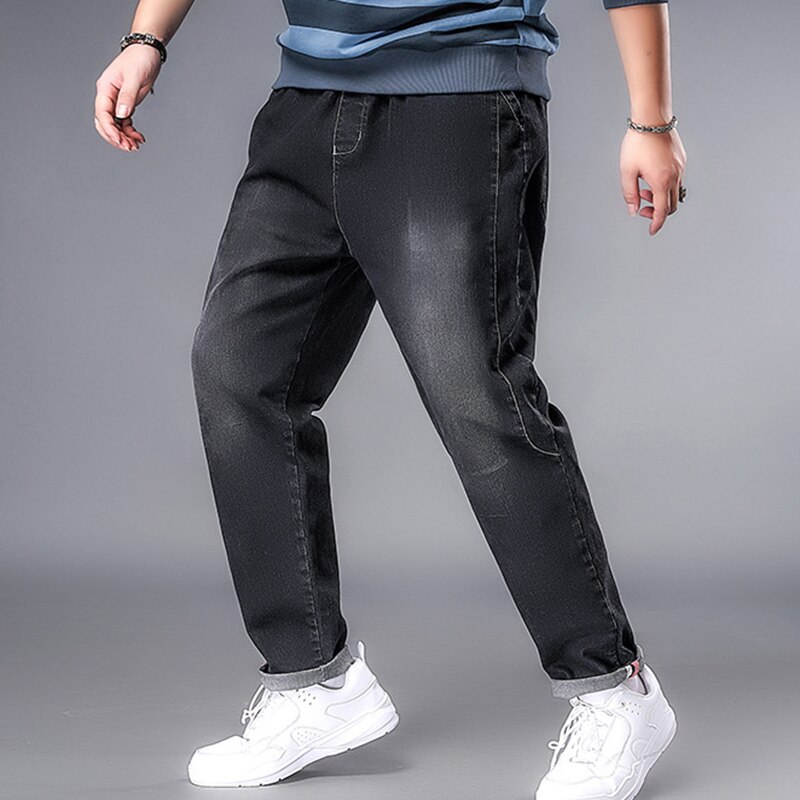 Casual joggingjeans dragsko elastisk midja rynkiga fötter byxor herr jeans haremsbyxor retro blå motorcykel
