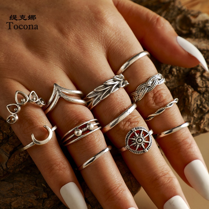 Tocona 13pcs/sets Retro Hollow Geometric Silver Color Ring Sets Exquisite Moon Wedding Ring Jewelry for Women men 14822