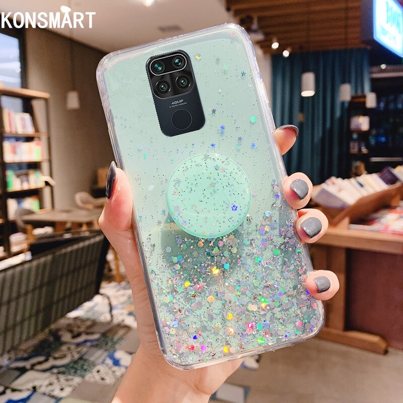 KONSMART For Xiaomi Redmi Note 9 Case Glitter Star Clear Silicone Soft 6.53" Back Cover Redmi Note 9 Phone Case With Holder Capa: Light green