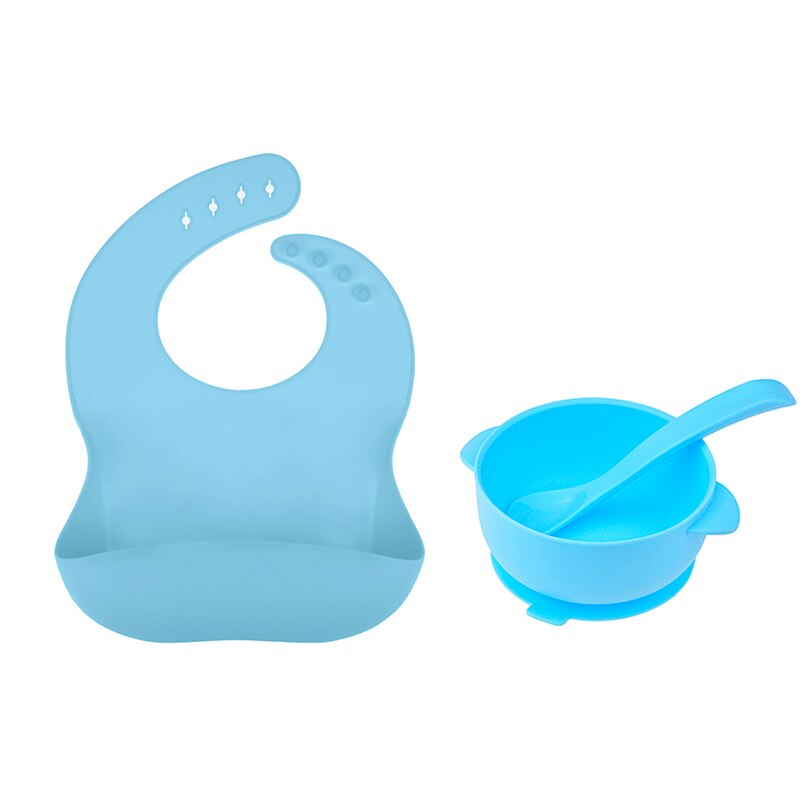 Conjunto de alimentação de silicone crianças utensílios de mesa tigela de sucção de silicone de grau alimentício com colher prato de bebê bpa livre babadores de silicone: Blue
