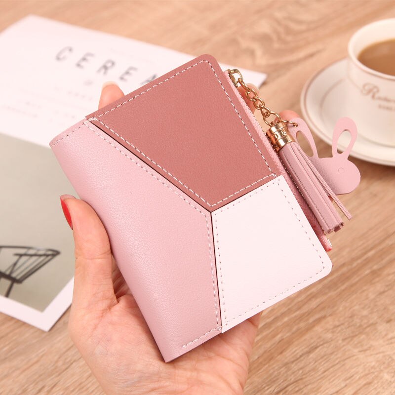 Geometric Tassel And Rabbit Decoration Leather Wallets Women Phone Pocket Purses Hasp Clutch Wallets: Pink