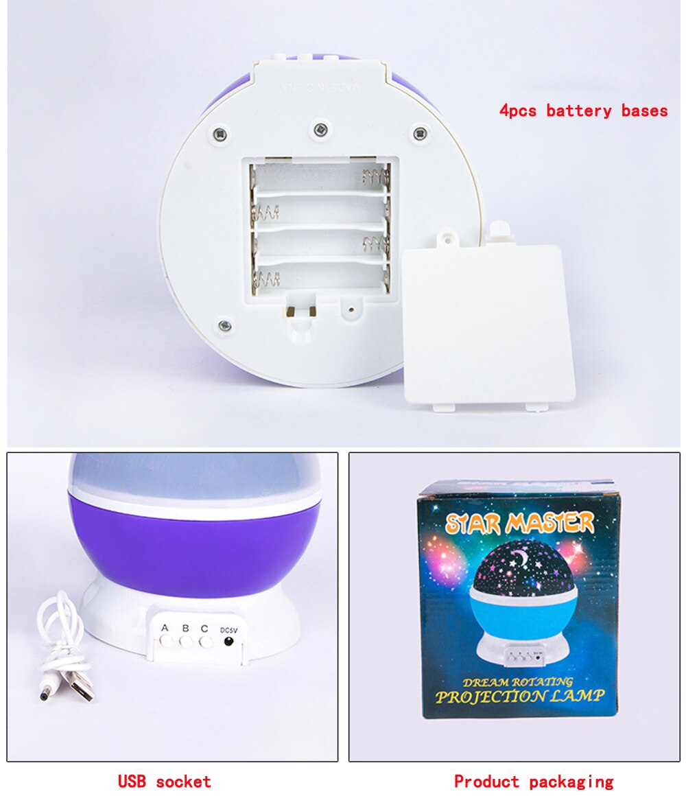 Novità giocattoli luminosi portato notte cielo veloce sfera consente l&#39;interfaccia USB meraviglioso proiettore con motivo a luna a stella per regalo per bambini