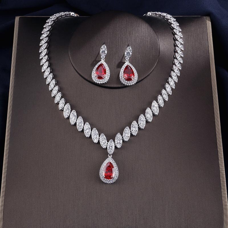 Rot Bäume AAA Zirkonia Hochzeit Zubehör Für Frauen Luxus Ohrringe & Halskette Brautschmuck Sets