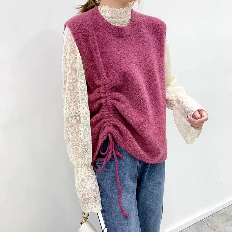 Kvinder strikket sweater vest forår koreansk stil blonder pullover ærmeløs vest strik blå vest pull  t456