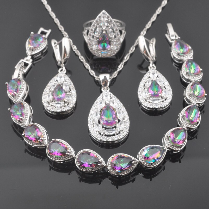 Water Dtrop – ensemble de bijoux pour femmes, couleur argent, zircone arc-en-ciel, Bracelet, pendentif, boucle d'oreille, de mariée, QS0572: 8