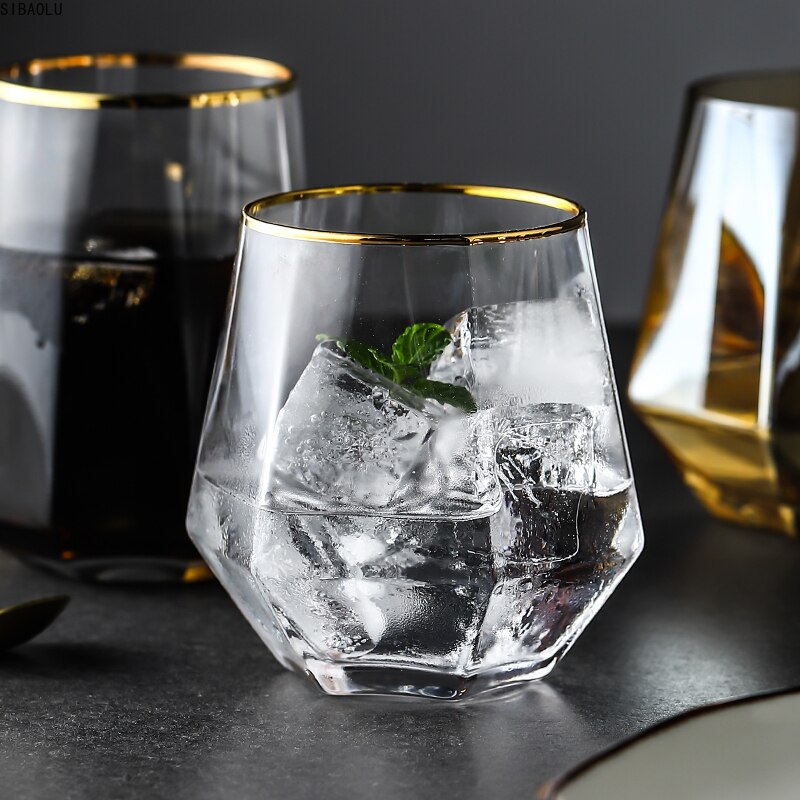 Geometri whiskyglas diamant krystalglas kop gylden kant gennemsigtig kaffe mælk te krus hjem bar drinkware par