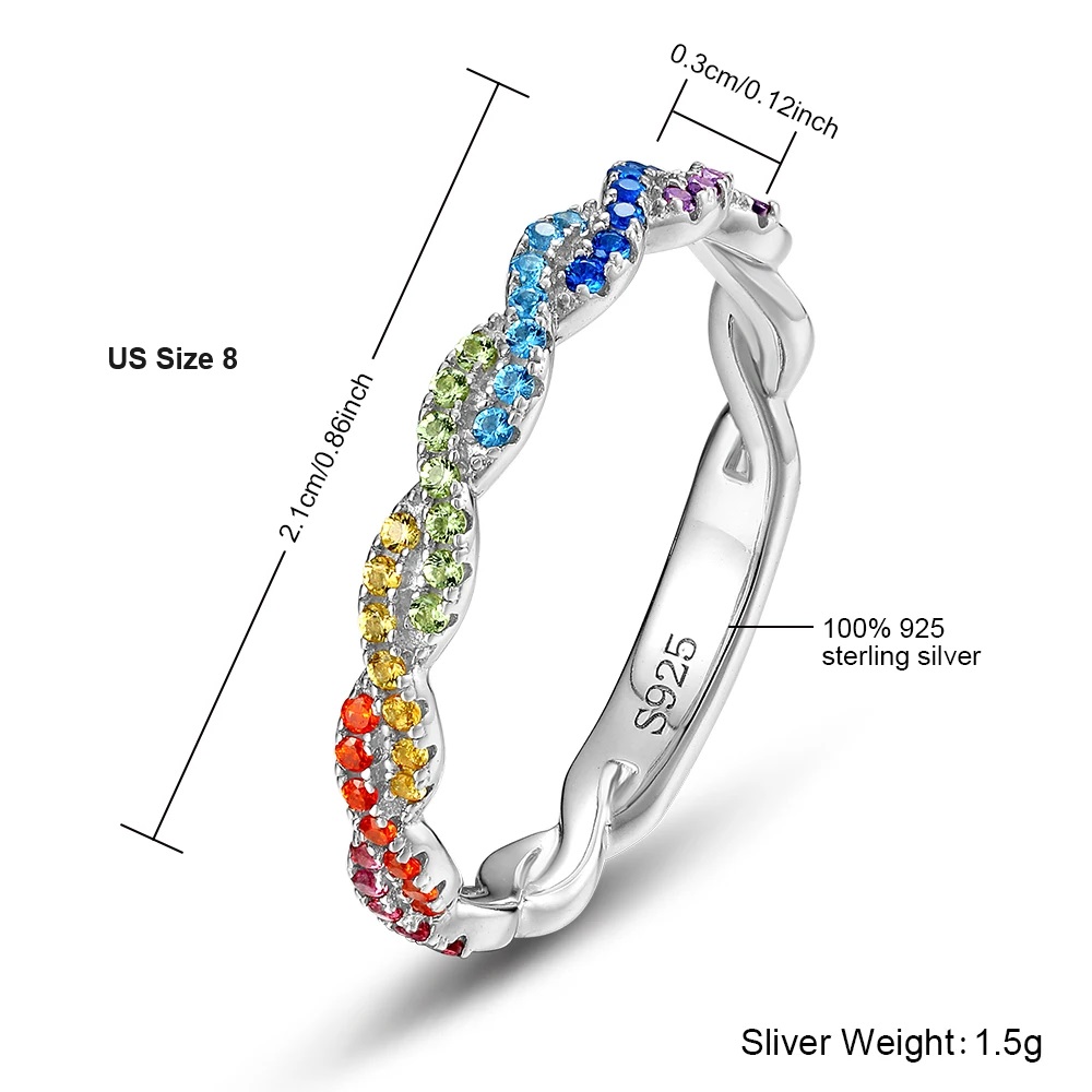 ALLNOEL 100% 925 Anelli in argento sterling per le donne Abbagliante zircone Arcobaleno CZ Anello twist Regali di nozze alla moda Gioielli all'ingrosso