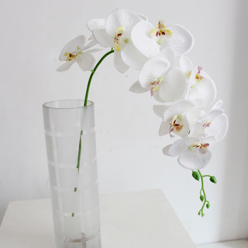 Konstgjord plast fjäril orkidé siden blomma hem bröllop dekoration prydnad enda 9- blomma phalaenopsis konstgjord blomma: Vit