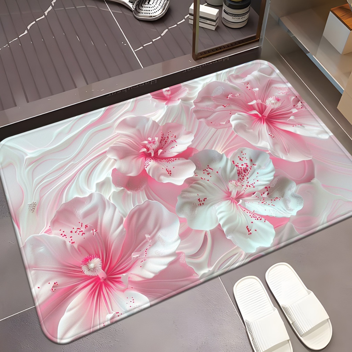 Pastel Pink Hibiscus Floor Mat: Soft Floral Pattern Anti-Slip Door Mat for Bathroom Living Room Kitchen Home Decor