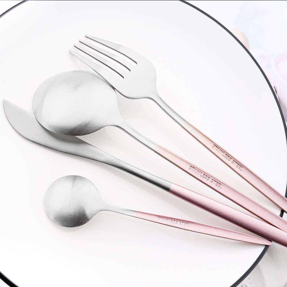 Matte Pink Silver Dinnerware Set Stainless Steel Tableware Silverware Knife Fork Spoon Cutlery Set Flatware Set Dishwasher Safe