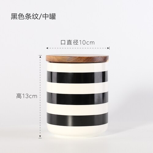 Europæisk keramisk stribet lufttæt krukke enkel geometrisk sort med låg hjem opbevaring kaffe snack te krukke store køkkenforsyninger: B-medium