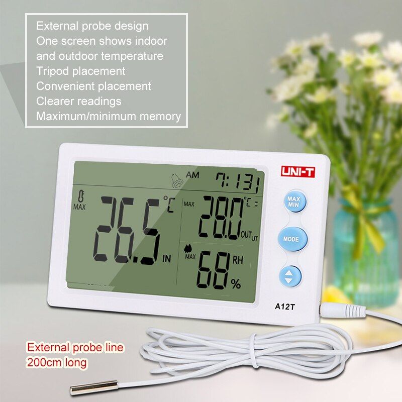 A12T Digital Temperature Humidity Measuring Instrument External Sensor Probe Alarm Clock and 12/24 Time Mode Large Screen