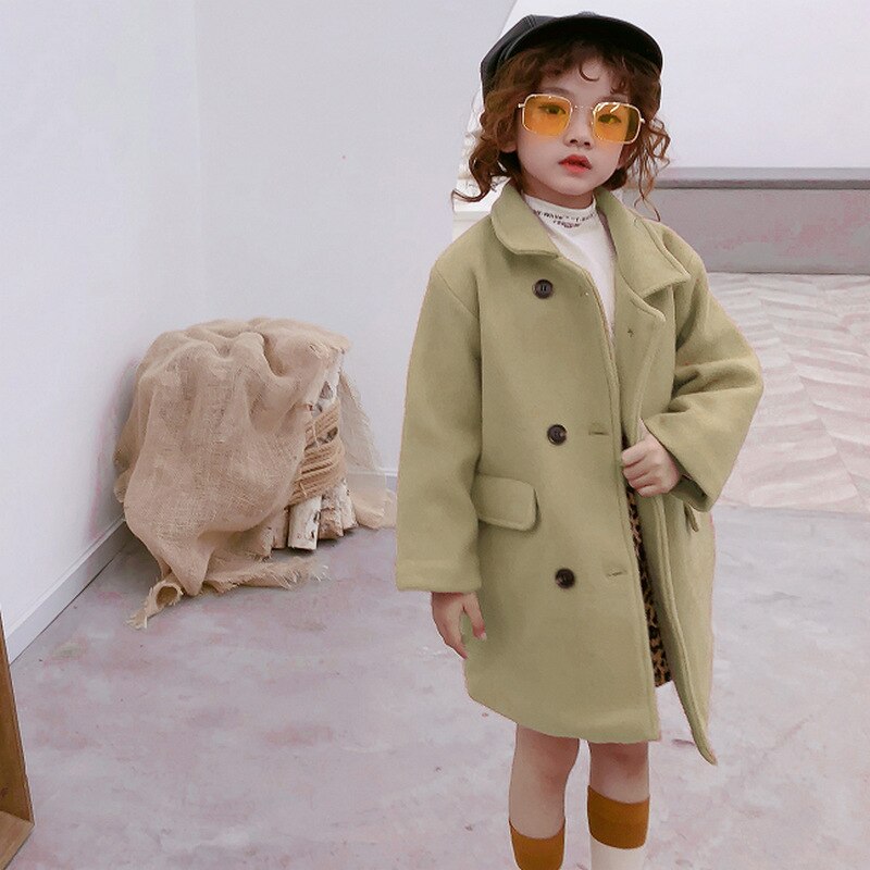 Wlg uldfrakke til piger børn vinter beige grøn pink tyk lang stil frakker babypige fahion all match cashmere frakke 3-8 år: Grøn / 6t