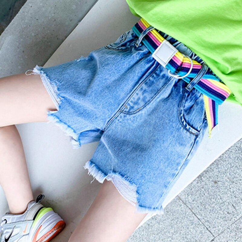 Pantaloncini di Jeans per ragazze con cintura pantaloncini di Jeans con foro strappato stampa arcobaleno lettera estate simpatici vestiti per bambini per adolescenti 6 8 10 12 14 anni