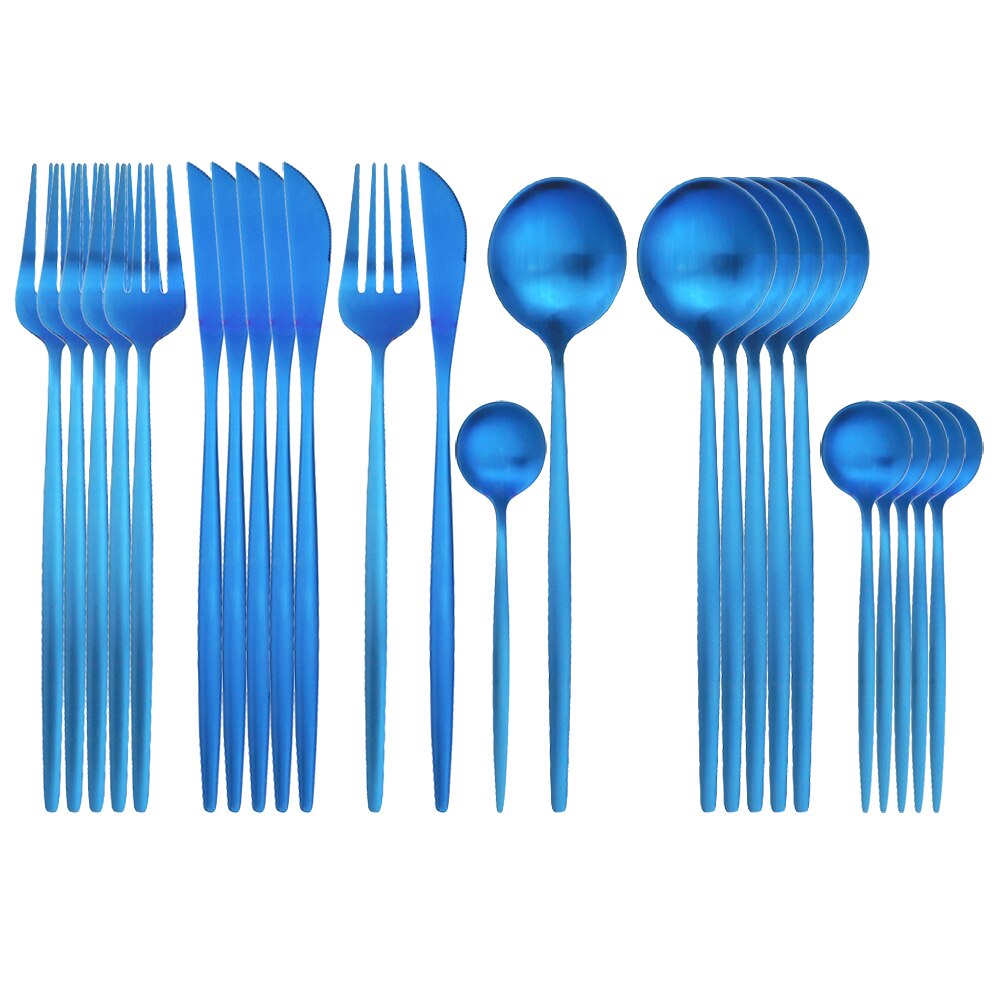 Couverts bleu en acier inoxydable 410, 24 pièces, service de table, coutellerie, cuillère, fourchette, couteau, argenterie, coutellerie: Blue