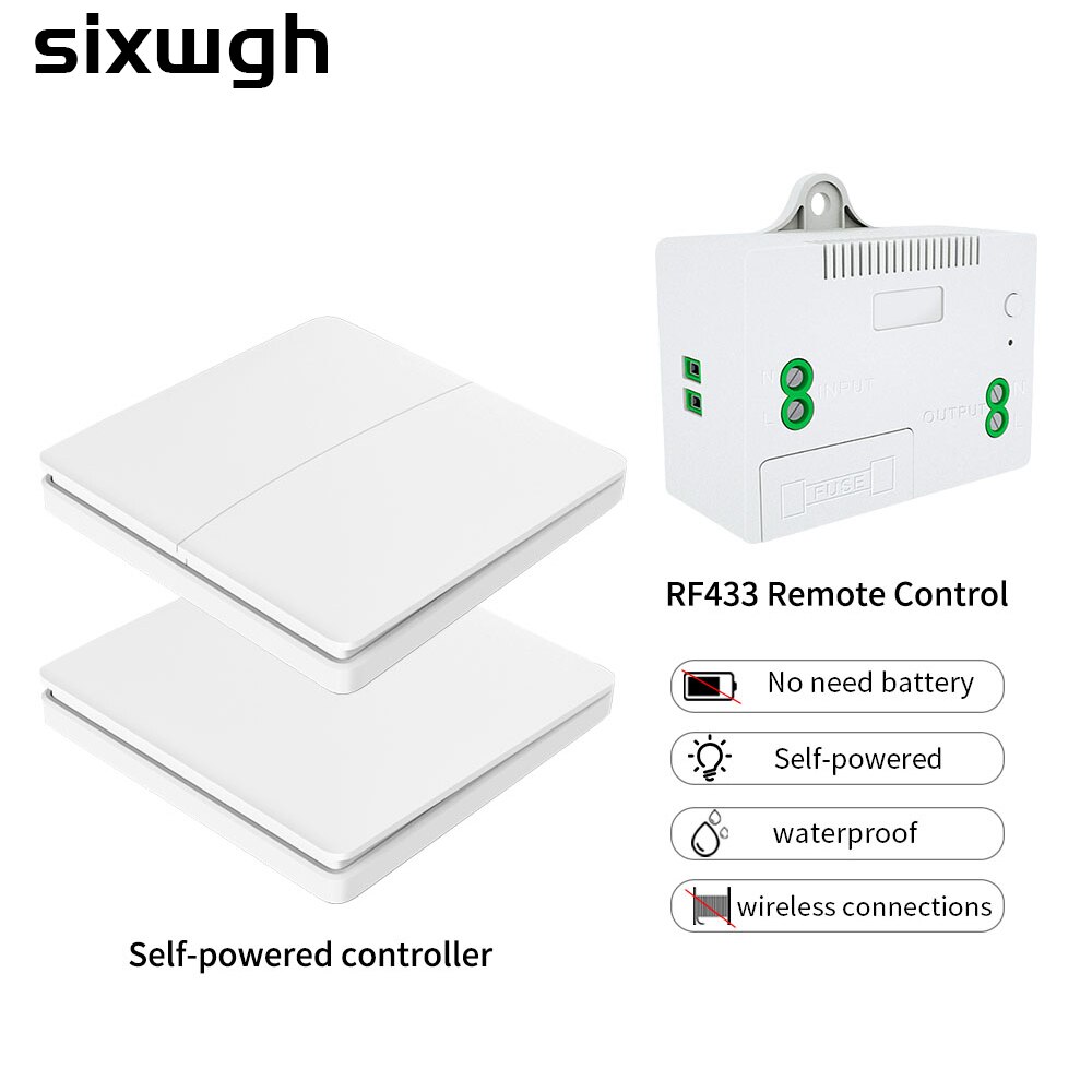 SIXWGH Wireless Switch 1/2 Gang 2 Way Waterproof Push Button Switch No Battery Self-powered Remote Control Light Switch