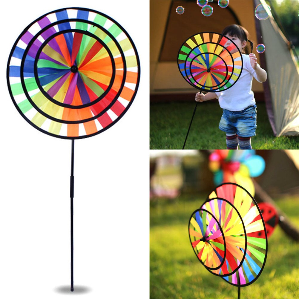 Regenboog Kleurrijke Windmolen Tuindecoratie Triple Cirkels Wind Spinner Ronde Rainbow Pinwheel Tuin Decoratie