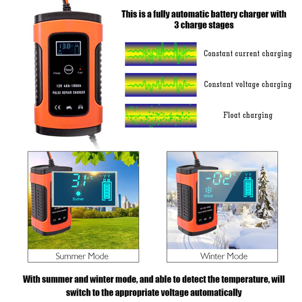 Full Automatic Car Battery Charger 110V-220V To 12V 6A Intelligent Fast Power Charging Wet Dry Lead Acid Digital LCD Display