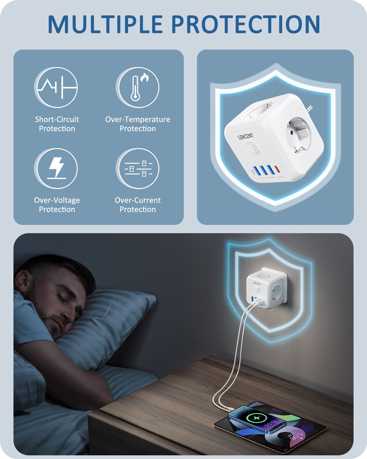 LENCENT Wandsteckdosen-Verlängerung mit 3 AC-Steckdosen, 3 USB-Anschlüssen und 1 Typ C 7-in-1 EU-Stecker-Ladegerät Ein/Aus-Schalter für Zuhause