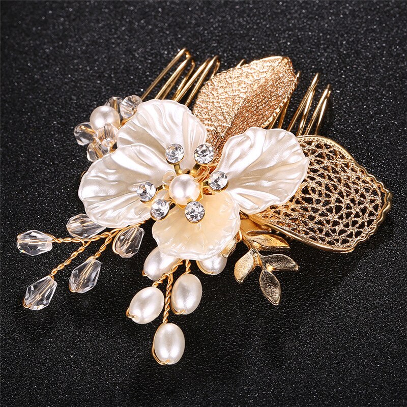 Okily Trendy Handgemaakte Goud Kleur Hollow Out Leaf Parel Haar Kammen Voor Vrouwen Shell Bloem Bruidsmeisje Hoofd Accessoires